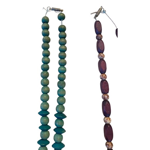 Vintage Bohemian Wooden Beaded Necklaces Set Of 2 Earth Tones & Turquoise Handma - Picture 8 of 11